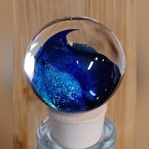 Hand Blown Glass Marble Style Wine Stopper Blue Gold Sparkly Dichroic 1.5"